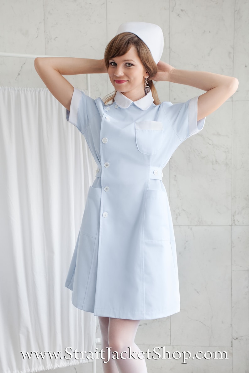 Cute Blue Nurse Uniform High Quality 100% Cotton / Medical / Hospital / Scrubs / Nurse Dress with Short Sleeves Nurse Cap image 5