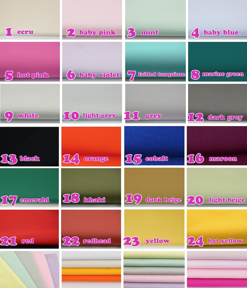 May include: A grid of twenty-four fabric swatches labeled with numbers and color names including ecru, baby pink, mint, baby blue, hot pink, baby violet, faded turquoise, marine green, white, light grey, grey, dark grey, black, orange, cobalt, maroon, emerald, khaki, dark beige, light beige, red, redhead, yellow, and hot yellow.