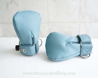 Faux Leather Safety Mittens - Padded Mittens With Segufix Locks / ABDL /  Restraints / Water Resistant Fabric Blue and Pink