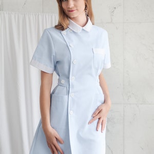 Cute Blue Nurse Uniform High Quality 100% Cotton / Medical / Hospital / Scrubs / Nurse Dress with Short Sleeves Nurse Cap image 4