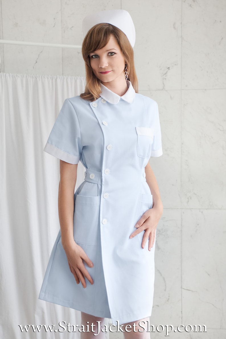 Cute Blue Nurse Uniform High Quality 100% Cotton / Medical / Hospital / Scrubs / Nurse Dress with Short Sleeves Nurse Cap image 4