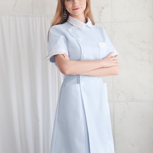 Cute Blue Nurse Uniform High Quality 100% Cotton / Medical / Hospital / Scrubs / Nurse Dress with Short Sleeves Nurse Cap image 2