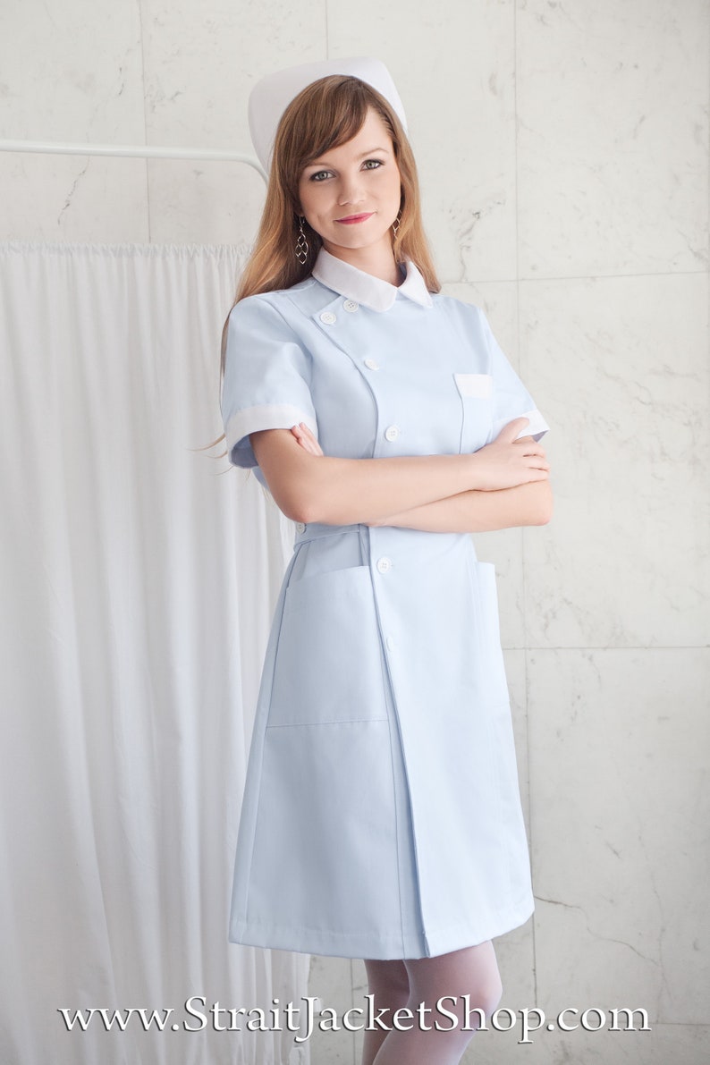 Cute Blue Nurse Uniform High Quality 100% Cotton / Medical / Hospital / Scrubs / Nurse Dress with Short Sleeves Nurse Cap image 2