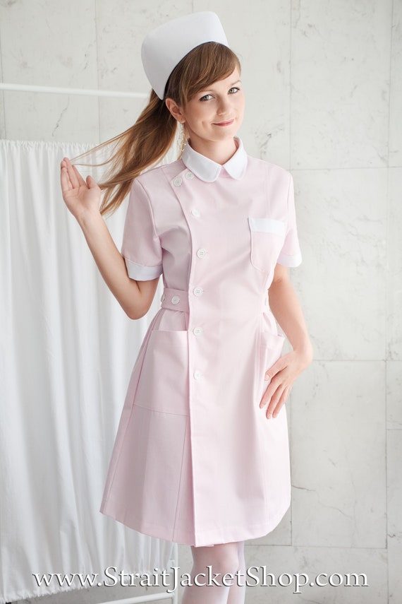 Cute Pink Nurse Uniform High Quality 100% Cotton / ABDL Nurse / Scrubs /  Nurse Dress With Short Sleeves Nurse Cap 