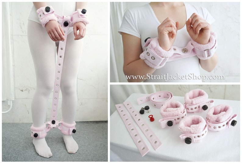 Set of 4 Pink Soft Padded Fleece Wrist and Ankle Cuffs Restraints with Segufix Locks Adult Baby Diaper Lover Bondage ABDL DDLG UwU 