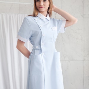 Cute Blue Nurse Uniform High Quality 100% Cotton / Medical / Hospital / Scrubs / Nurse Dress with Short Sleeves Nurse Cap image 3