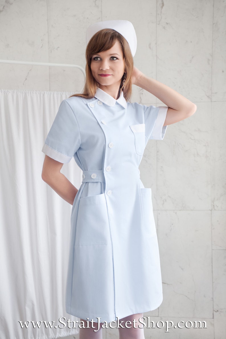 Cute Blue Nurse Uniform High Quality 100% Cotton / Medical / Hospital / Scrubs / Nurse Dress with Short Sleeves Nurse Cap image 3