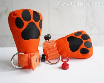 P.A.W.S. Orange Safety Mittens - Bondage soft padded mittens for Animal Control Units / Paws / Furries / Furry / Furrsuit / Pup Fox