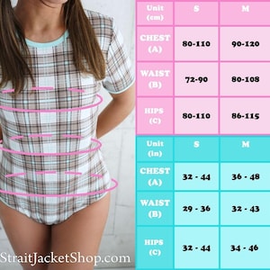 May include: A short-sleeved bodysuit with a plaid pattern in brown, white, and light blue. The garment has a light blue trim around the neckline and sleeves. A size chart with measurements in inches and centimeters is displayed.