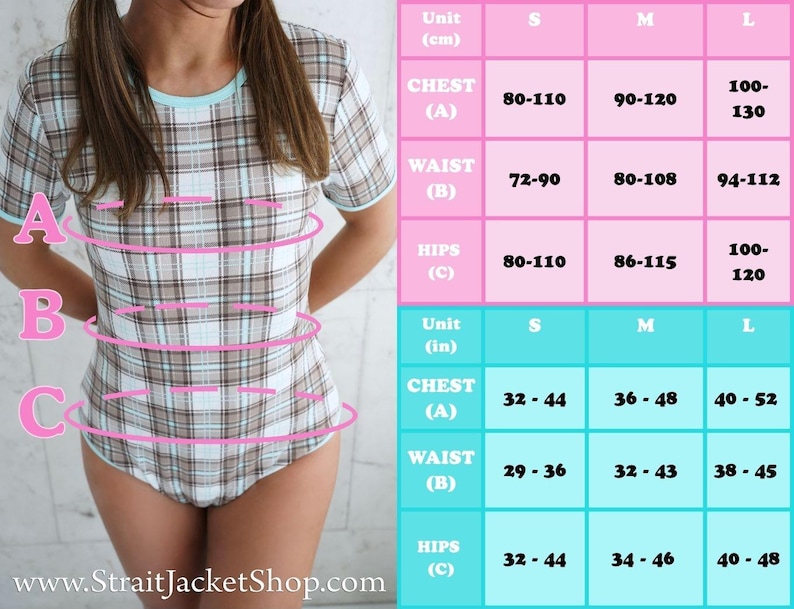 May include: A short-sleeved bodysuit with a plaid pattern in brown, white, and light blue. The garment has a light blue trim around the neckline and sleeves. A size chart with measurements in inches and centimeters is displayed.