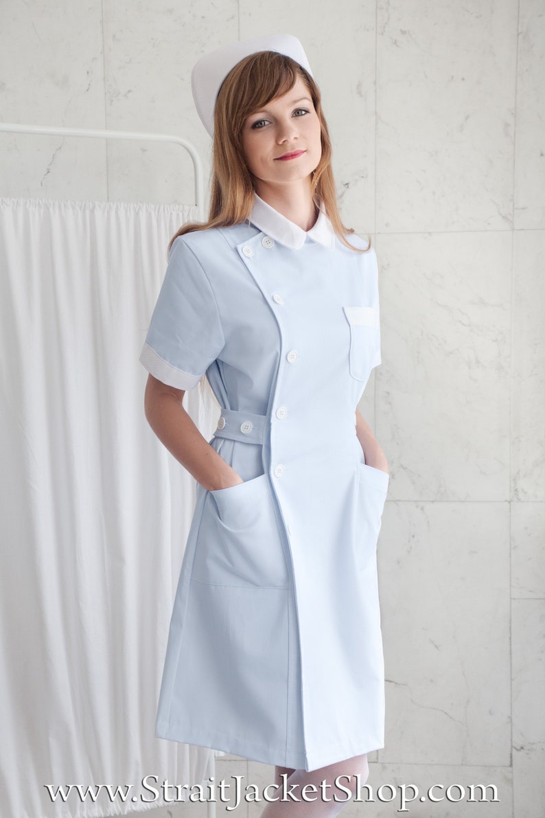 Cute Blue Nurse Uniform High Quality 100% Cotton / Medical / Hospital / Scrubs / Nurse Dress with Short Sleeves Nurse Cap image 1