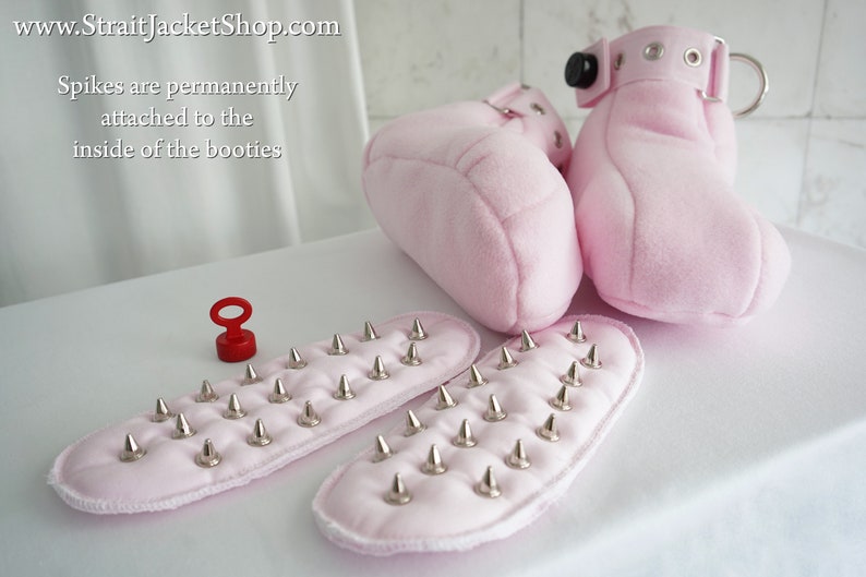 Crawling Habit Training Restraining Booties with Spikes and Segufix Locks / ABDL / Adult Baby Diaper Lover / Bondage / BDSM / DDLG / Crawl Pink Fleece/Polar