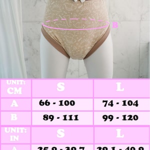 May include: Tan high-waisted underwear with a dinosaur pattern and brown trim. A white bow adorns the waistband. Size chart shows measurements in inches and centimeters for sizes S and L.