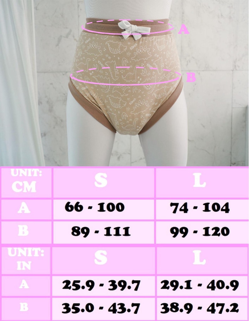 May include: Tan high-waisted underwear with a dinosaur pattern and brown trim. A white bow adorns the waistband. Size chart shows measurements in inches and centimeters for sizes S and L.
