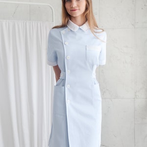 Cute Blue Nurse Uniform High Quality 100% Cotton / Medical / Hospital / Scrubs / Nurse Dress with Short Sleeves Nurse Cap image 6