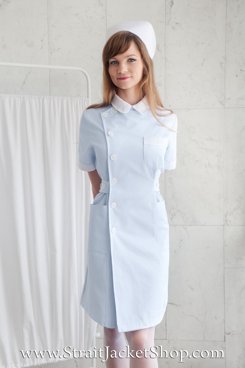 Cute Blue Nurse Uniform High Quality 100% Cotton / Medical / Hospital / Scrubs / Nurse Dress with Short Sleeves Nurse Cap image 6