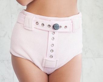 Pink  ＳＯＦＴ Warm Fleece Lockable Diaper Cover Pants - Anti Diaper Removal / ABDL / Segufix Locks / Diaper Cover / Bondage / Adult Baby DDLG