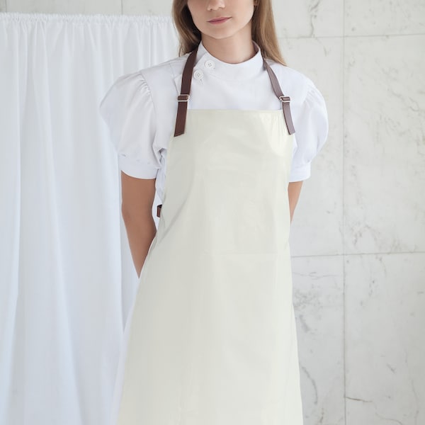 ＰＵＲＩＴＹ Ecru PVC Apron with Leather Straps - Bondage / BDSM / Sadist / Medical / Waterproof / Luster / Gloss / Fetish Nurse White