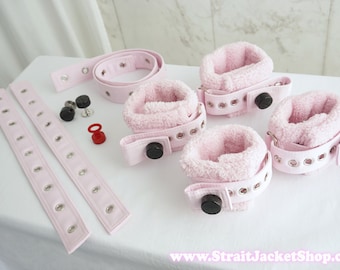 Set of 4 Pink Soft Padded Fleece Wrist and Ankle Cuffs Restraints with Segufix Locks Adult Baby Diaper Lover Bondage ABDL DDLG UwU