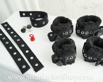 Set of 4 Black SOFT PADDED FLEECE Wrist and Ankle Cuffs Restraints with Segufix Locks / Hogtied Handcuffs Bondage Institutional