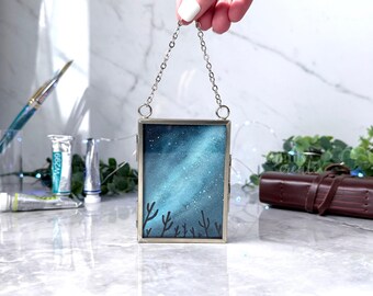 Hand-Painted Watercolor Framed Mini Original Painting of a Desert Cactus Milky Way Galaxy