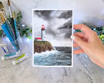 Fine Art Paper Print Watercolor Painting | Lighthouse Seascape Ocean Beach Stormy Cloudy Sky Painting