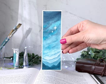 ORIGINAL Hand-Painted Bookmark | Starry Milky Way Galaxy Mountain Scene Watercolor
