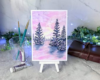 5x7 Paper Art Print Watercolor | Snowy Winter Forest Christmas Tree Painting | Nature Wall Art