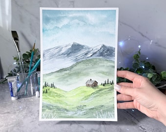 ORIGINAL Hand-Painted Mountain Cabin Watercolor Painting