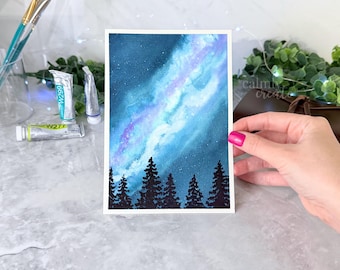 ORIGINAL Hand-Painted  Watercolor Artwork | Milky Way Galaxy Landscape Painting