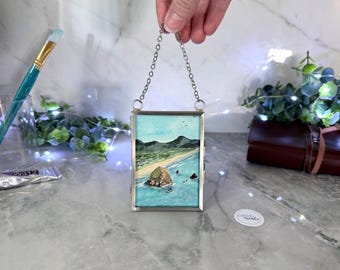 Hand-Painted Watercolor Framed Mini Original Painting of Cannon Beach Oregon