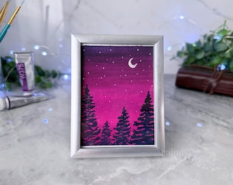 Hand-Painted ORIGINAL Framed Mini Painting of a Forest Sunset