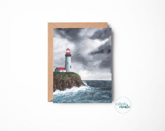 Hand-Made Stormy Lighthouse Greeting Card Stationery | Blank Inside | A2 size 4.25in x 5.5in