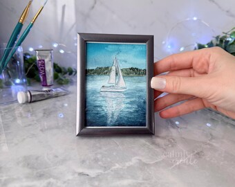 Hand-Painted ORIGINAL Framed Mini Painting of a Nautical Sailboat