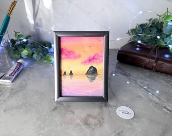 Hand-Painted ORIGINAL Framed Mini Painting of Cannon Beach Haystack Rock Sunset