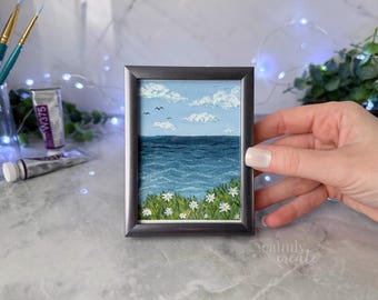 Hand-Painted ORIGINAL Framed Mini Painting of Ocean Wildflowers