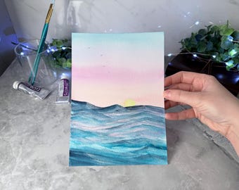ORIGINAL Hand-Painted Watercolor Painting Artwork | Sunset Seascape Ocean Art