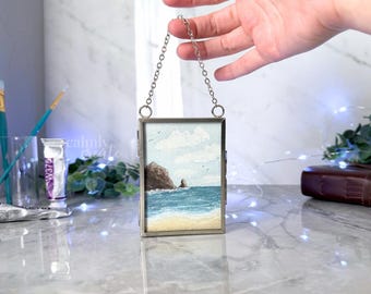 Hand-Painted Watercolor Framed Mini Original Painting of Cannon Beach Oregon