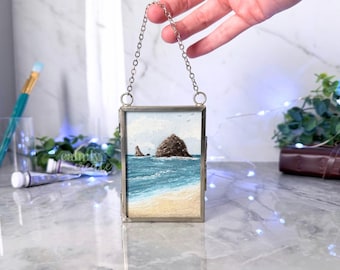 Hand-Painted Watercolor Framed Mini Original Painting of Cannon Beach Oregon