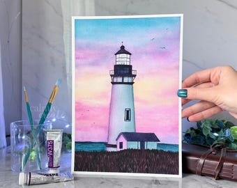 ORIGINAL Hand-Painted Watercolor Painting of Pigeon Point Lighthouse at Sunset