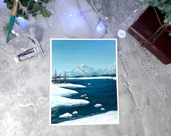 ORIGINAL Hand-Painted Gouache Painting Artwork | Snowy Winter Lake