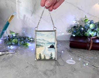 Hand-Painted Watercolor Framed Mini Original Painting of Cannon Beach Oregon