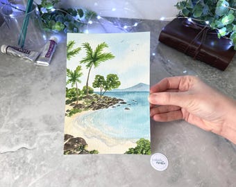 ORIGINAL Hand-Painted Watercolor Artwork | Calm Ocean Palm Tree Beach Landscape Painting
