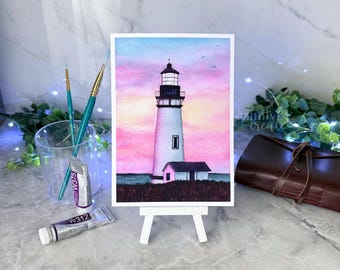 5x7 Paper Art Print Watercolor | Lighthouse Seascape Ocean Beach Sunset Painting | Nature Wall Art