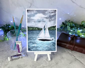 5x7 Paper Art Print Watercolor | Stormy Nautical Sailboat Ocean Painting | Nature Wall Art