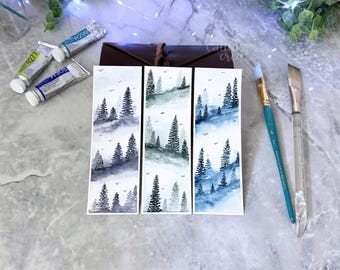 One Hand-Painted Misty Forest Watercolor Bookmark