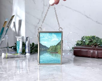 Hand-Painted Watercolor Framed Mini Original Painting of a Mountain Lake with Dock