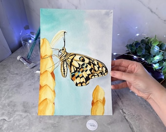 ORIGINAL Hand-Painted Watercolor Golden Butterfly Flower Painting
