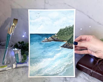 ORIGINAL Hand-Painted Watercolor Painting of Heceta Head Lighthouse Oregon Coast
