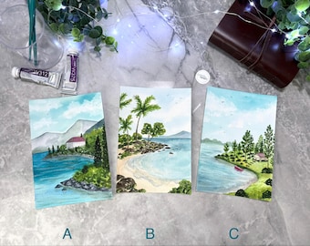 One ORIGINAL Hand-Painted Watercolor Artwork | Calm Ocean Beach Lake Landscape Painting